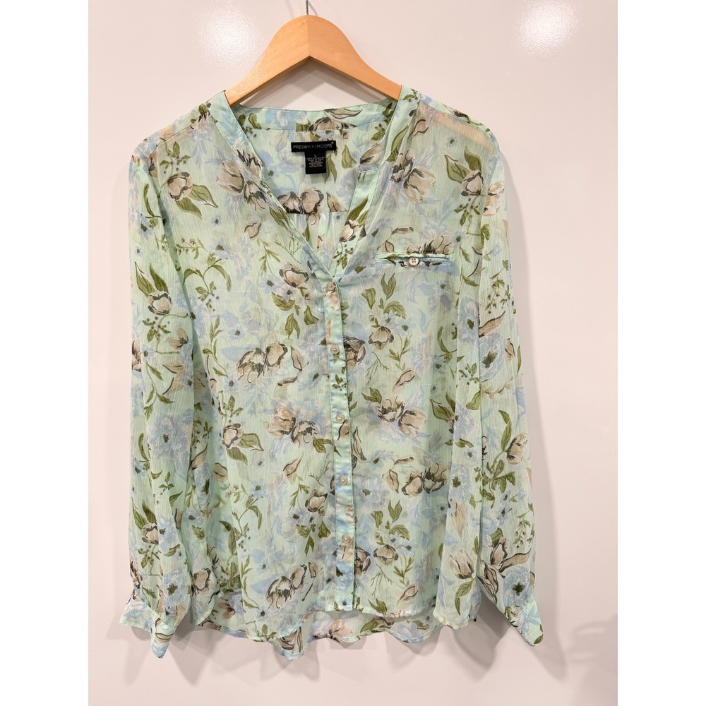 Preswick & Moore Mint Green Floral Button Down Blouse Large Long Sleeve Sheer
